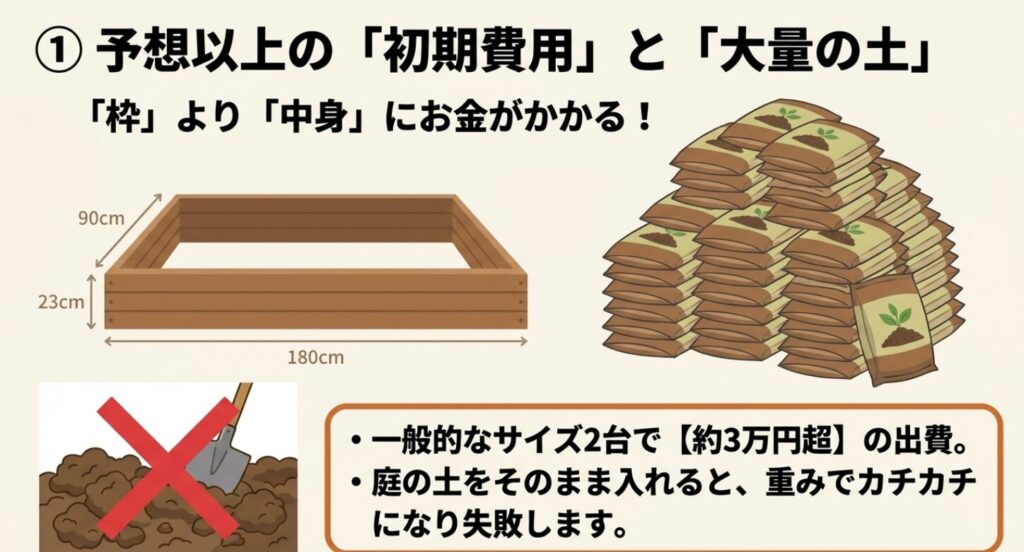 レイズドベッドは枠より中身の土にお金がかかる。一般的なサイズ2台で約3万円超の出費となり、庭の土をそのまま入れると失敗する