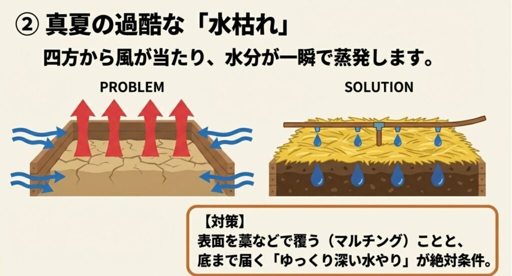 四方から風が当たり水分が一瞬で蒸発する真夏の過酷な水枯れへの対策として、表面を藁で覆うマルチングとゆっくり深い水やりが絶対条件