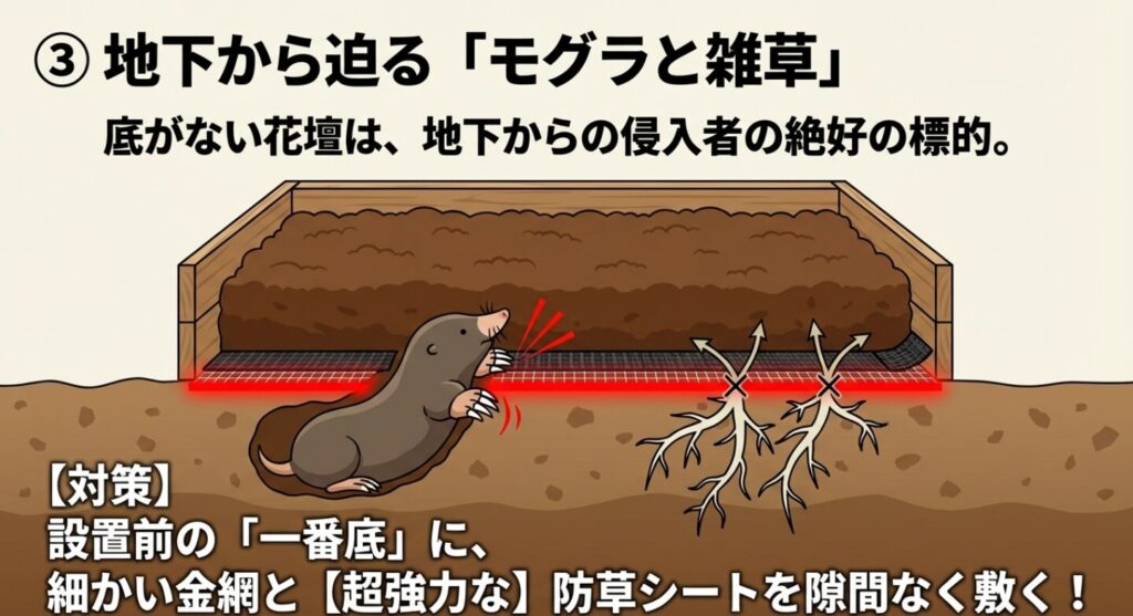 底がない花壇への地下からの侵入者を防ぐため、設置前の一番底に細かい金網と超強力な防草シートを隙間なく敷く対策
