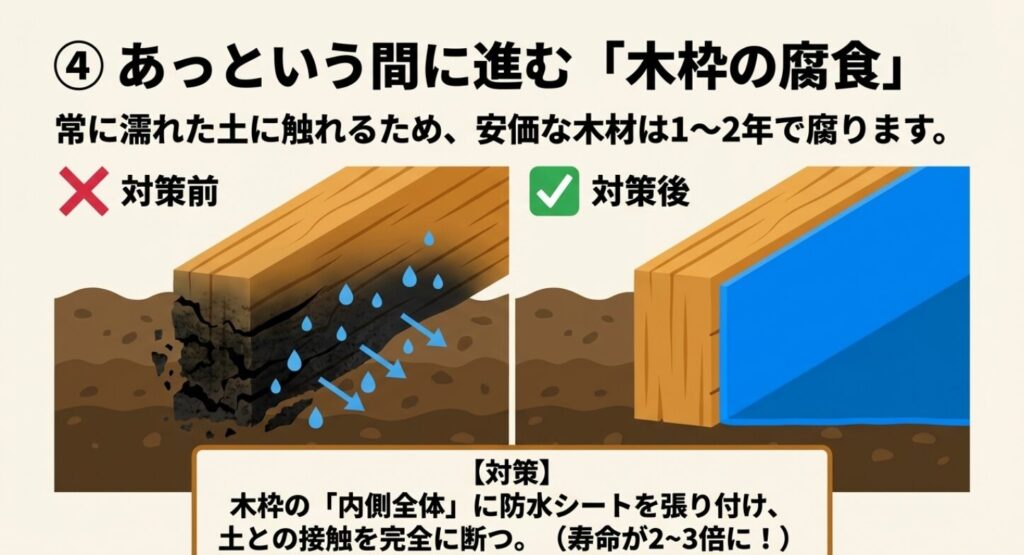安価な木材が1〜2年で腐るのを防ぐため、木枠の内側全体に防水シートを張り付け土との接触を完全に断つ対策