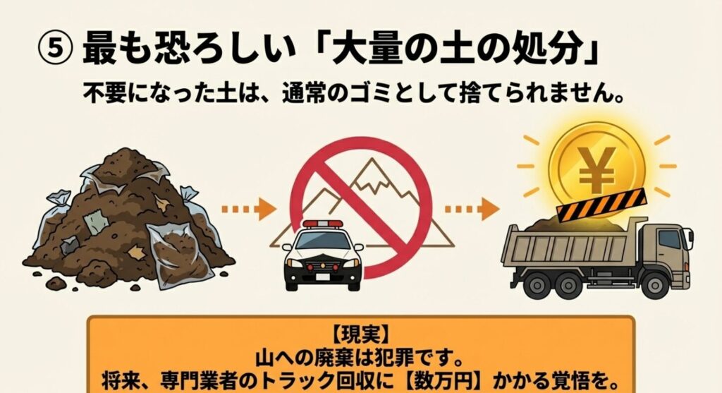 不要になった土は通常のゴミとして捨てられず、山への廃棄は犯罪となる。将来、専門業者のトラック回収に数万円かかる覚悟が必要