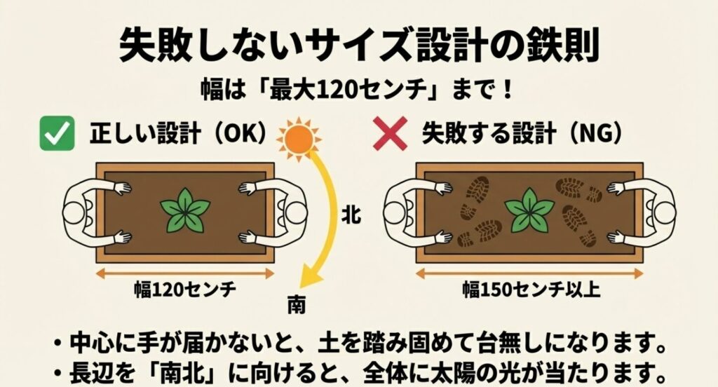 失敗しないサイズ設計の鉄則。幅は最大120センチまでとし、長辺を南北に向けることで全体に太陽の光が当たる