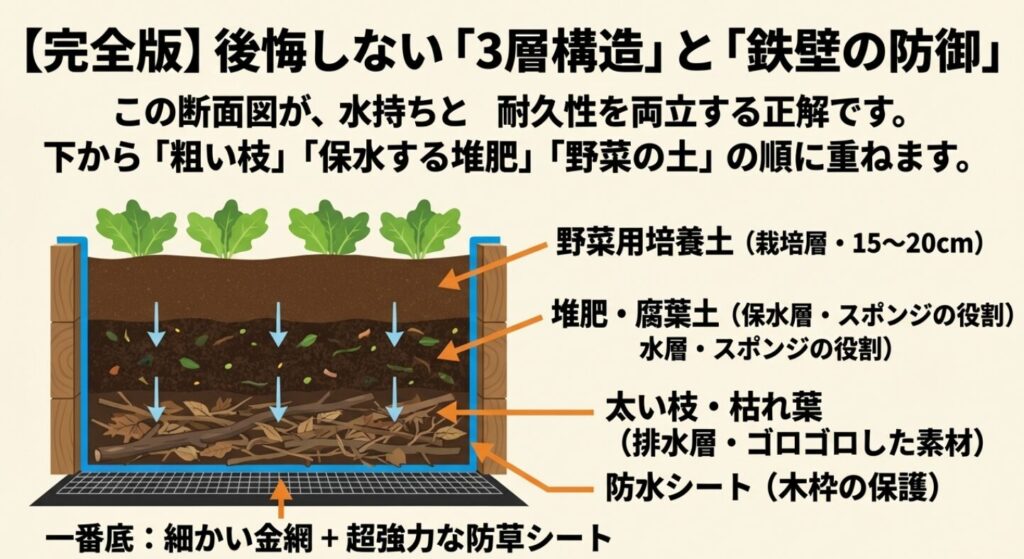 後悔しない3層構造の断面図。下から太い枝の排水層、堆肥の保水層、野菜の土の栽培層を重ね、防水シートと金網・防草シートで保護する