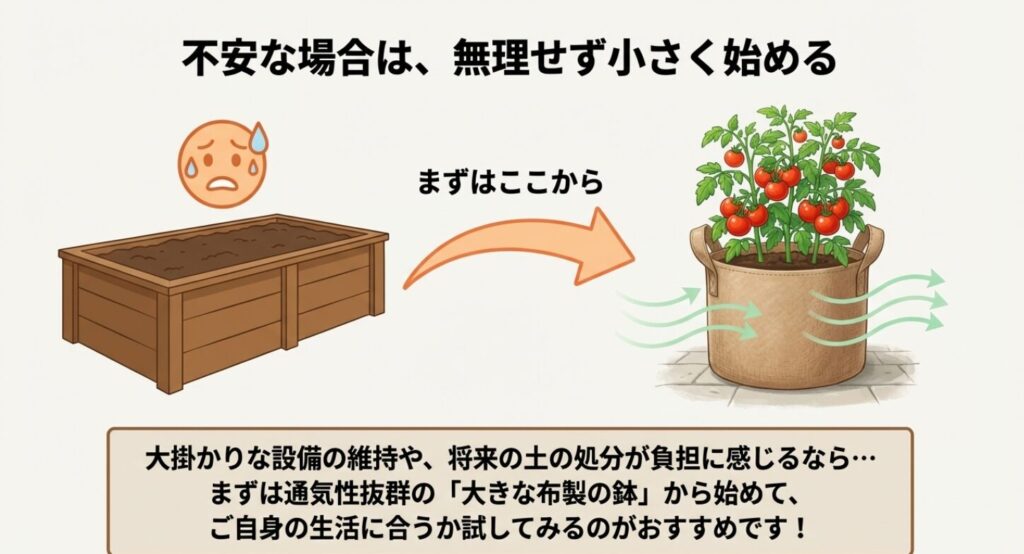大掛かりな設備の維持や土の処分が負担に感じる場合は、無理せず通気性抜群の大きな布製の鉢から試してみるのがおすすめ