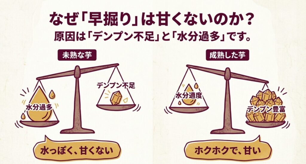 未熟な芋と成熟した芋の水分量とデンプン量のバランスの違いを示す天秤の図解