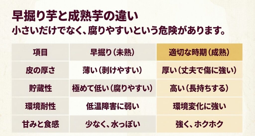 さつまいもの早掘りと適切な時期の皮の厚さや貯蔵性、甘みの違いをまとめた比較表
