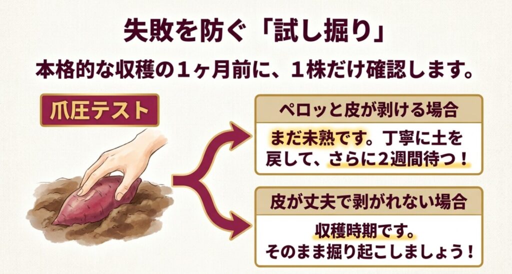 さつまいもの皮が剥けるかどうかで成熟度を確認し、失敗を防ぐ爪圧テストの解説