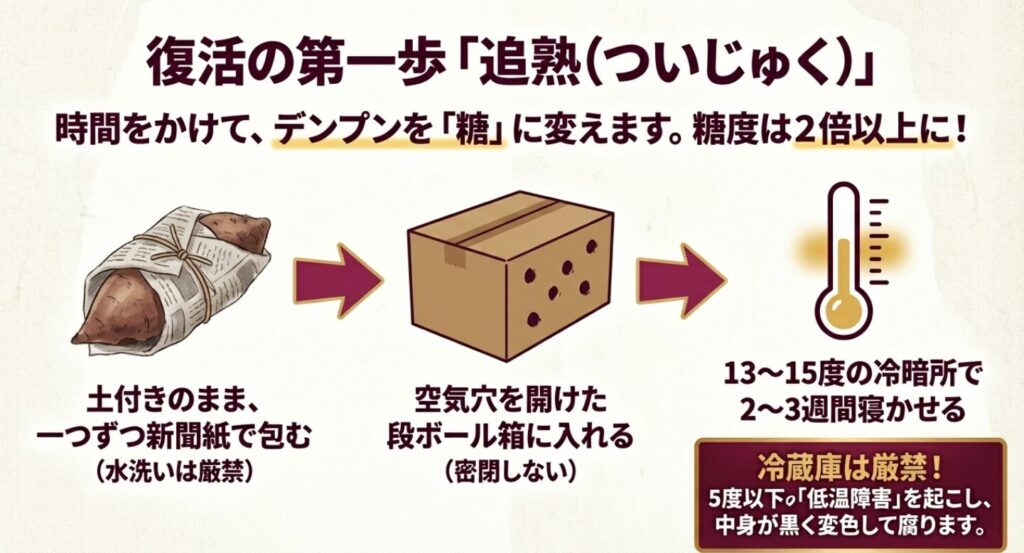 さつまいもを新聞紙に包み、穴を開けた段ボールに入れて13度から15度で保存する追熟の手順