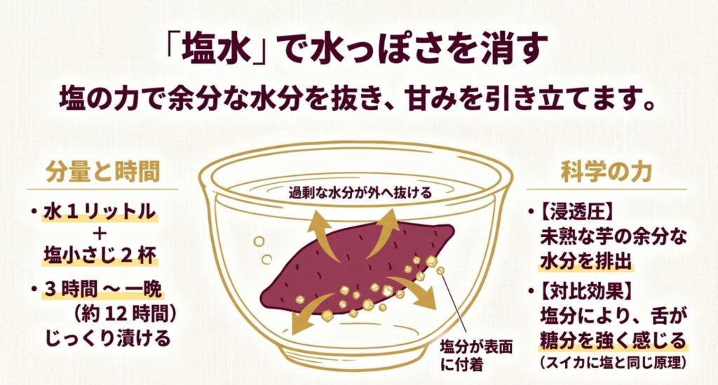 さつまいもを塩水に漬けて浸透圧で余分な水分を抜き、甘みを引き立てる仕組みの図解