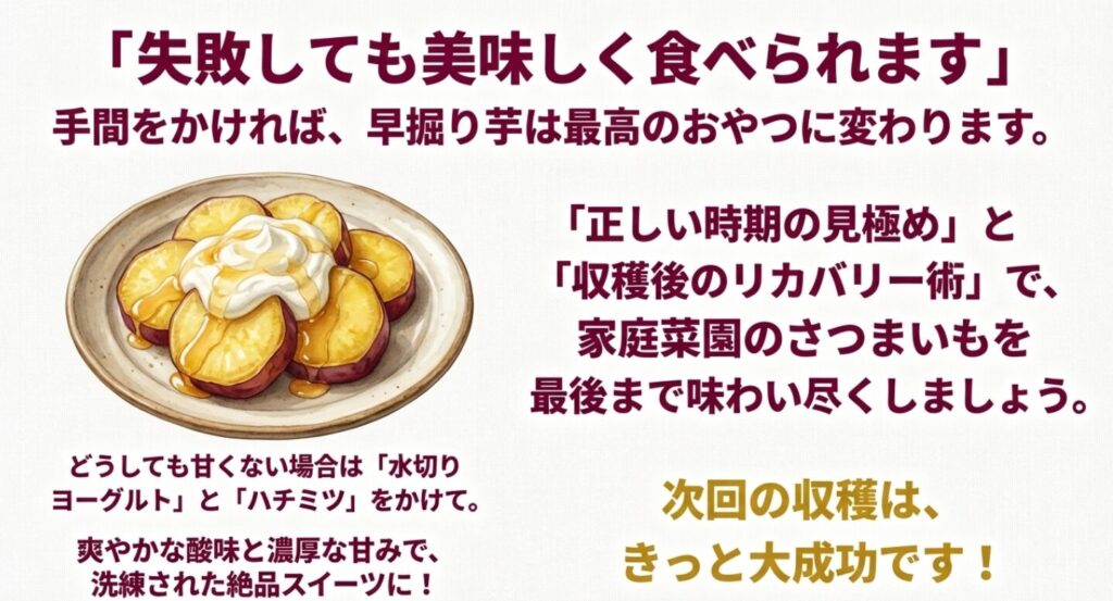 甘くないさつまいもに水切りヨーグルトとハチミツをかけて美味しくリカバリーしたスイーツの盛り付け例