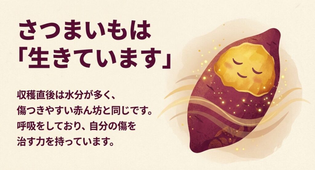 さつまいもは「生きています」。 収穫直後は水分が多く、傷つきやすい赤ん坊と同じです。