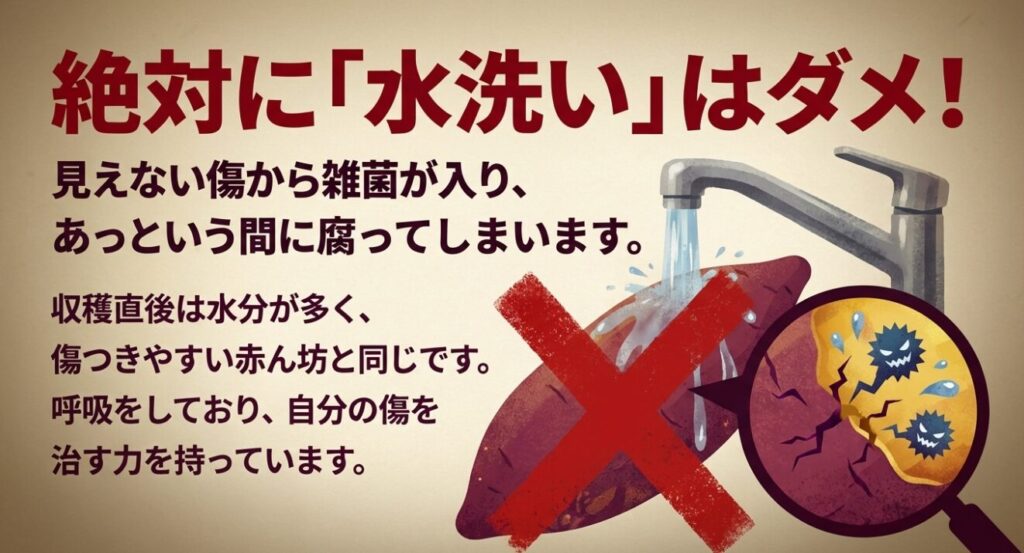 絶対に「水洗い」はダメ! 見えない傷から雑菌が入り、あっという間に腐ってしまいます。