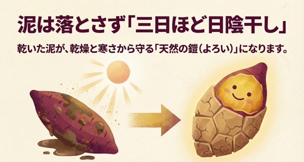 泥は落とさず「三日ほど日陰干し」をします。