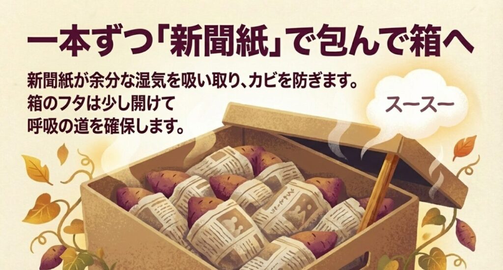 一本ずつ「新聞紙」で包んで箱へ入れます。 箱のフタは少し開けて呼吸の道を確保します。 