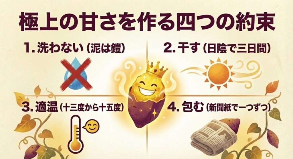 極上の甘さを作る四つの約束として、1.洗わない、2.干す、3.適温、4.包むを守りましょう。