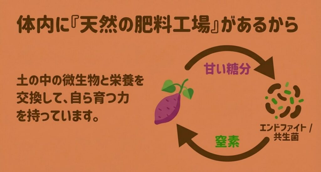 さつまいもが甘い糖分と引き換えに共生菌から窒素を受け取る関係を図解したスライド