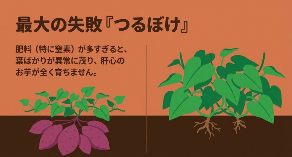 肥料が多すぎると葉ばかり茂りお芋が育たない「つるぼけ」を解説したスライド