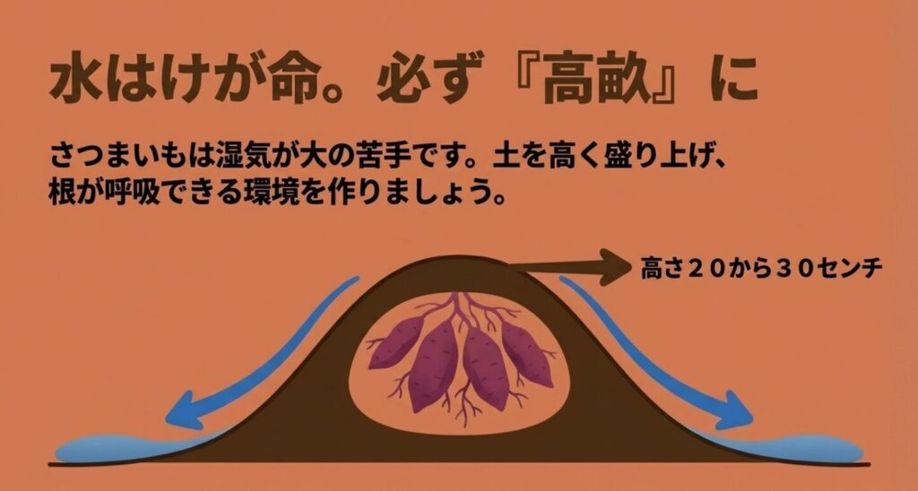 湿気が苦手なさつまいものために高さ20から30センチの高畝を作る図解