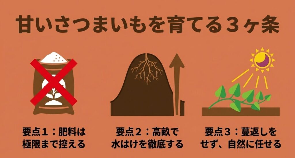 肥料を控える、高畝にする、蔓返しをしないという3ヶ条
