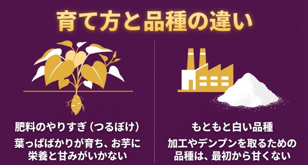 肥料のやりすぎによるつるぼけと、加工用など最初から甘くない白い品種の違いを説明したイラスト 。