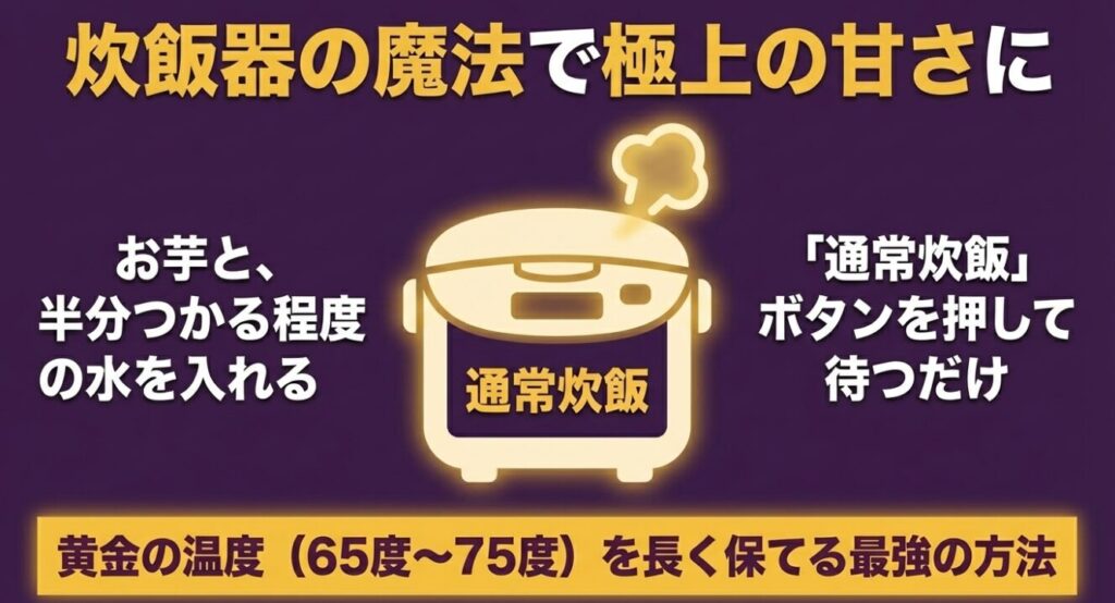 お芋と半分つかる程度の水を入れて通常炊飯し、黄金の温度を長く保つ調理法 。
