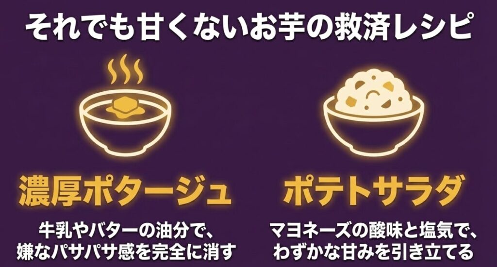 油分でパサパサ感を消す濃厚ポタージュと、酸味と塩気で甘みを引き立てるポテトサラダのイラスト 。