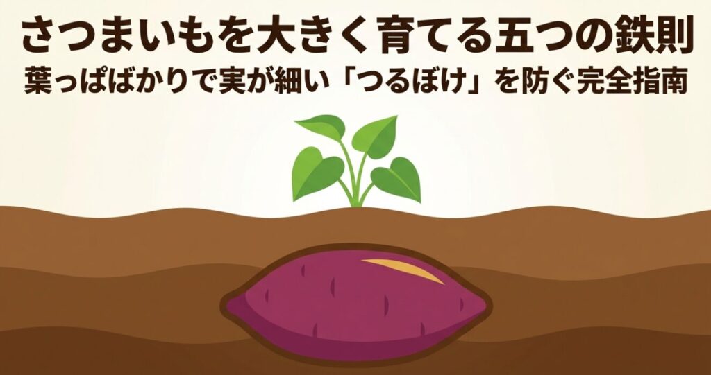 さつまいものつるぼけを防ぎ、大きく育てるための五つの鉄則をまとめたタイトルスライド