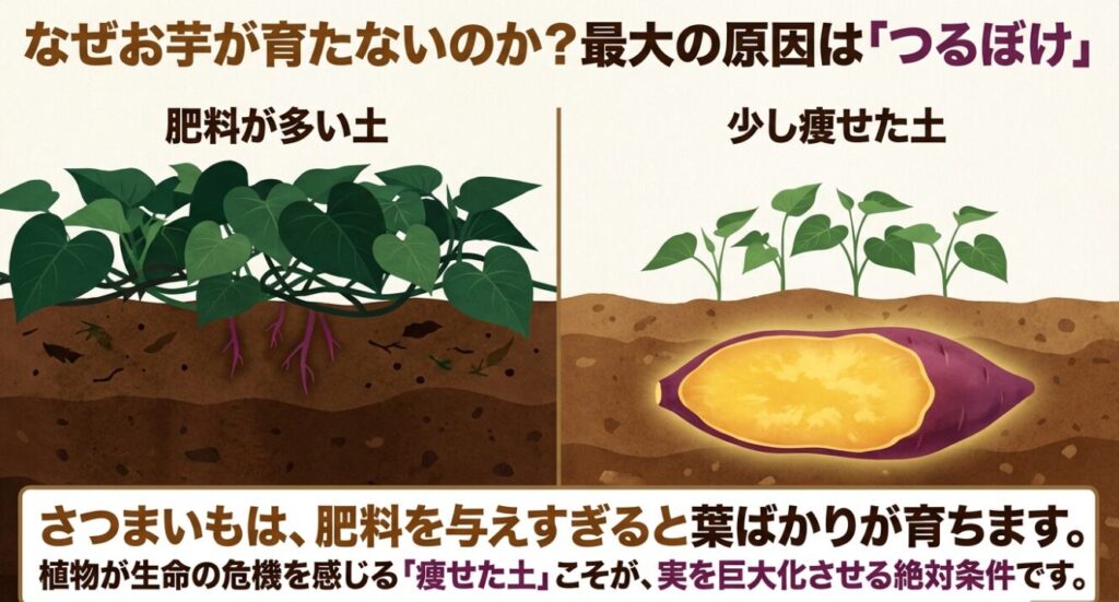 さつまいもが育たない最大の原因であるつるぼけと、実を巨大化させるための土の条件を解説した図
