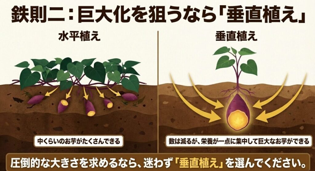 さつまいもの巨大化を狙う垂直植えと、中くらいのお芋を増やす水平植えの違いを比較したイラスト