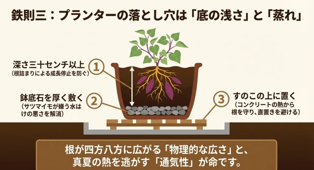 さつまいものプランター栽培で失敗しないための容器の深さ、鉢底石、すのこの活用方法