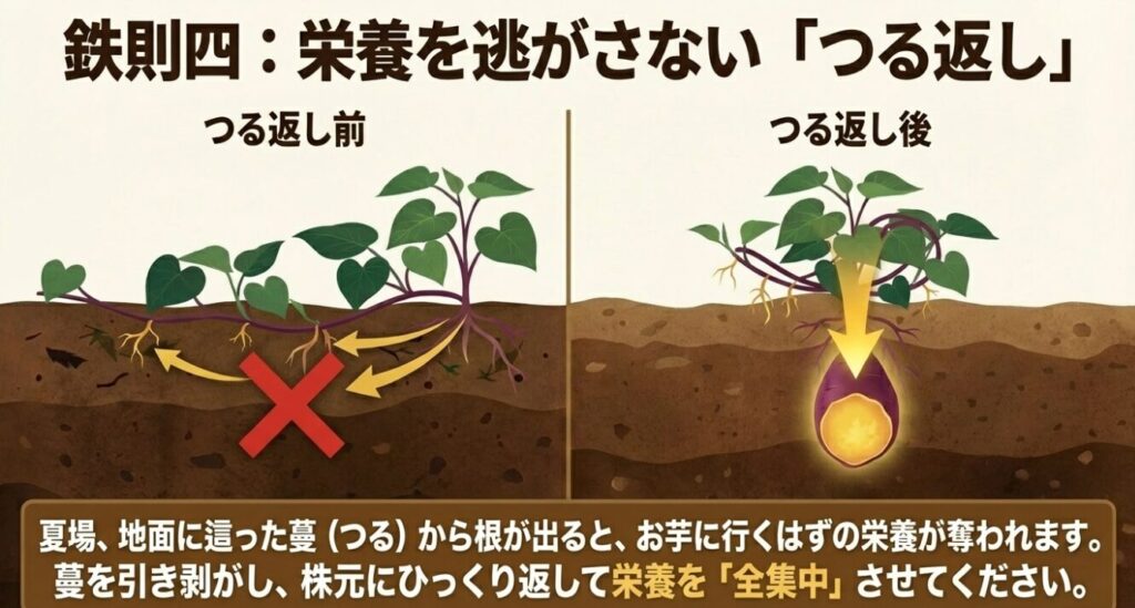 地面に這った蔓から根が出るのを防ぐ、つる返し前とつる返し後の状態の違いを示すイラスト