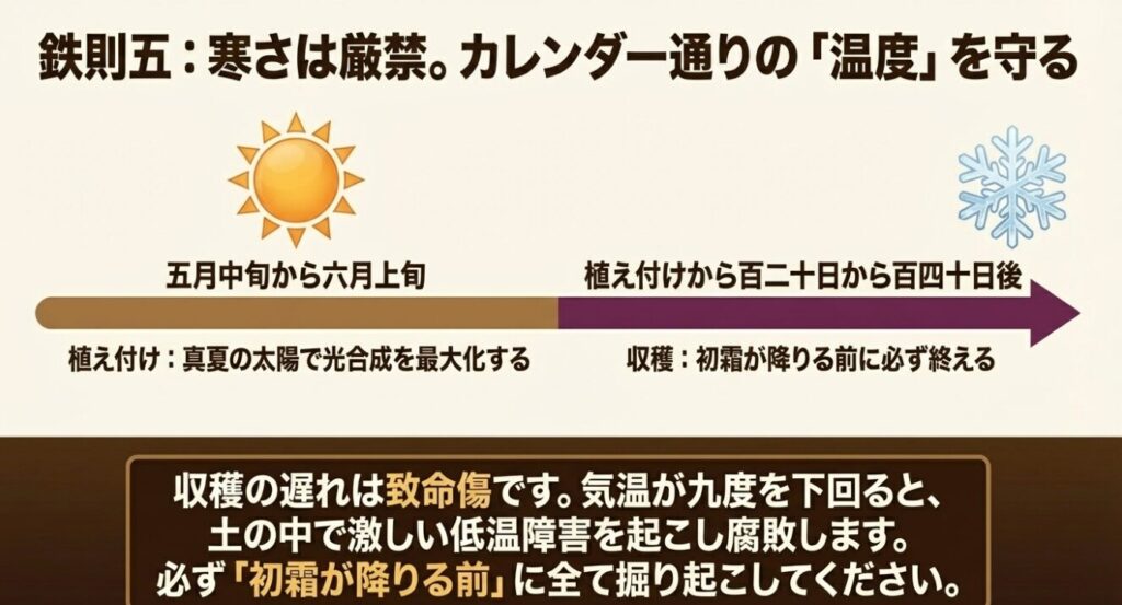 さつまいもの植え付けから収穫までの適切な時期と、寒さが与える低温障害などの影響についての解説