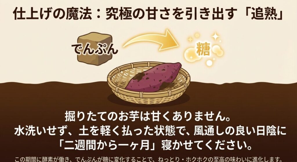 収穫したさつまいものデンプンが酵素によって糖に変化し、甘みを引き出す追熟のプロセス