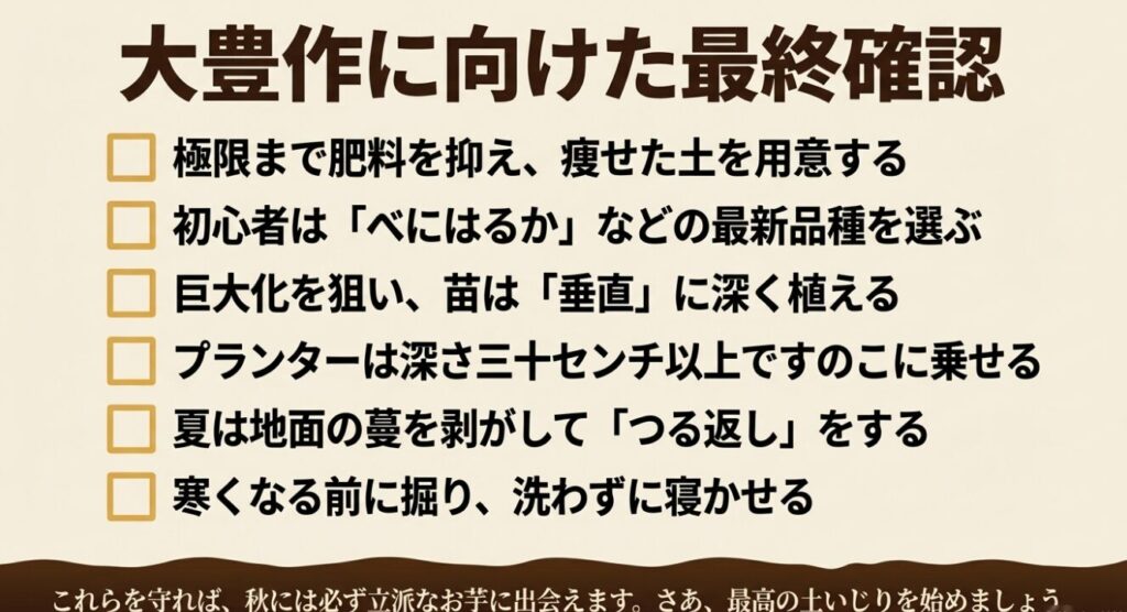 肥料、品種、植え付け方法、プランター管理、つる返し、収穫時期など、さつまいも栽培の最終確認リスト