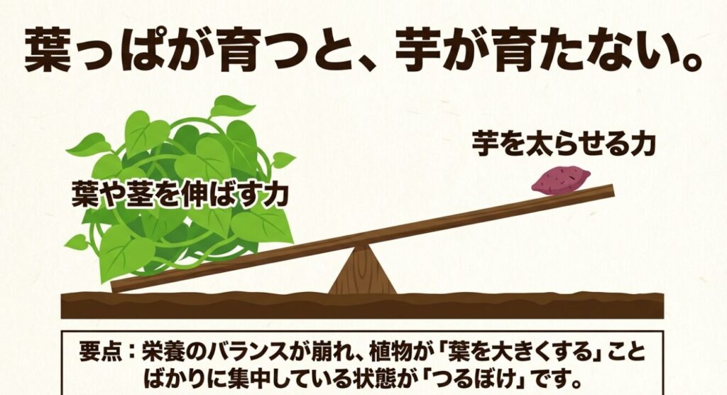 栄養のバランスが崩れ、植物が葉を大きくすることばかりに集中しているつるぼけの状態
