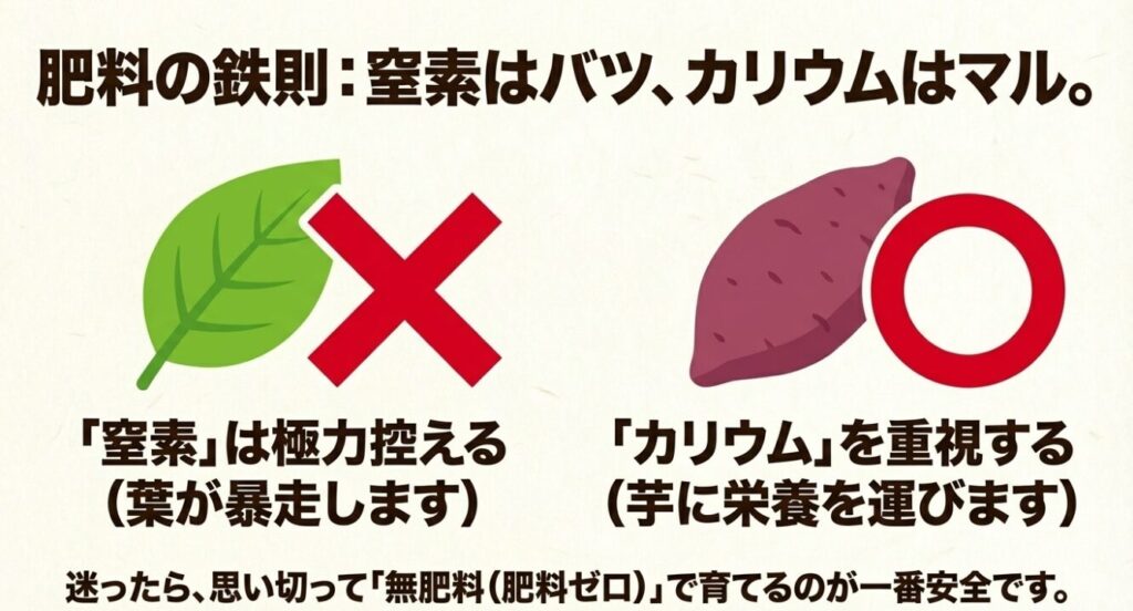 さつまいもの肥料の鉄則は、葉が暴走する窒素を極力控え、芋に栄養を運ぶカリウムを重視すること