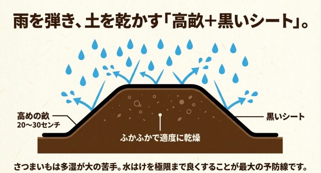 雨を弾き土を適度に乾かす、高さ20〜30センチの高畝と黒いシートの構造