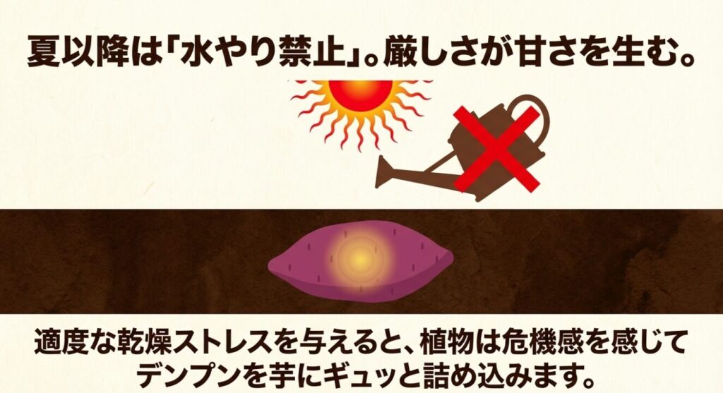 夏以降は水やりを禁止し、適度な乾燥ストレスを与えてデンプンを芋に詰め込む