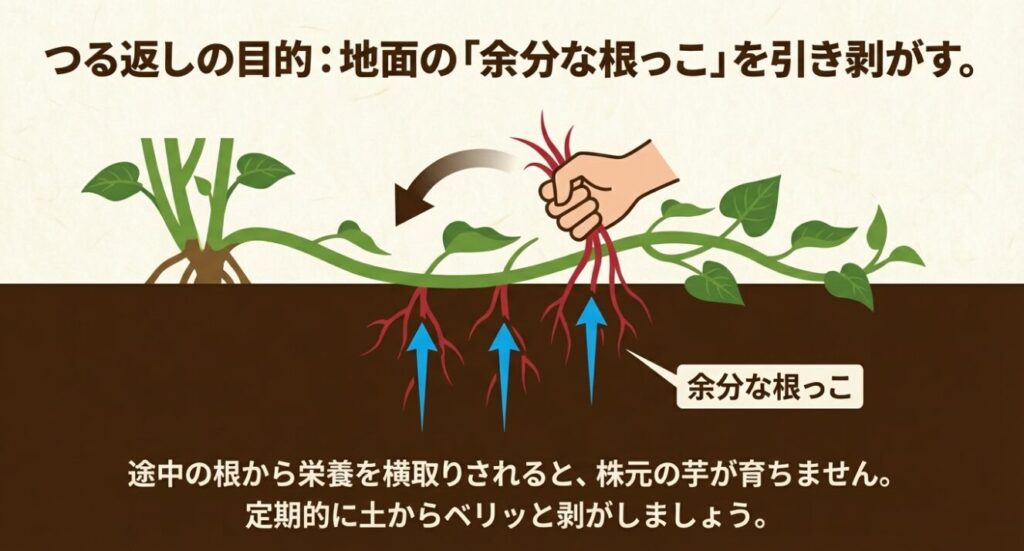 つる返しの目的である、地面から生えた余分な根っこを引き剥がす作業