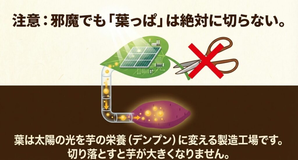 さつまいもの葉は太陽の光を芋の栄養に変える製造工場のため絶対に切らない