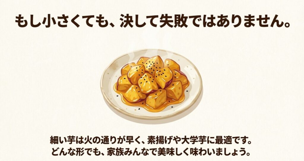 もし芋が小さくても失敗ではなく、素揚げや大学芋にして美味しく味わう