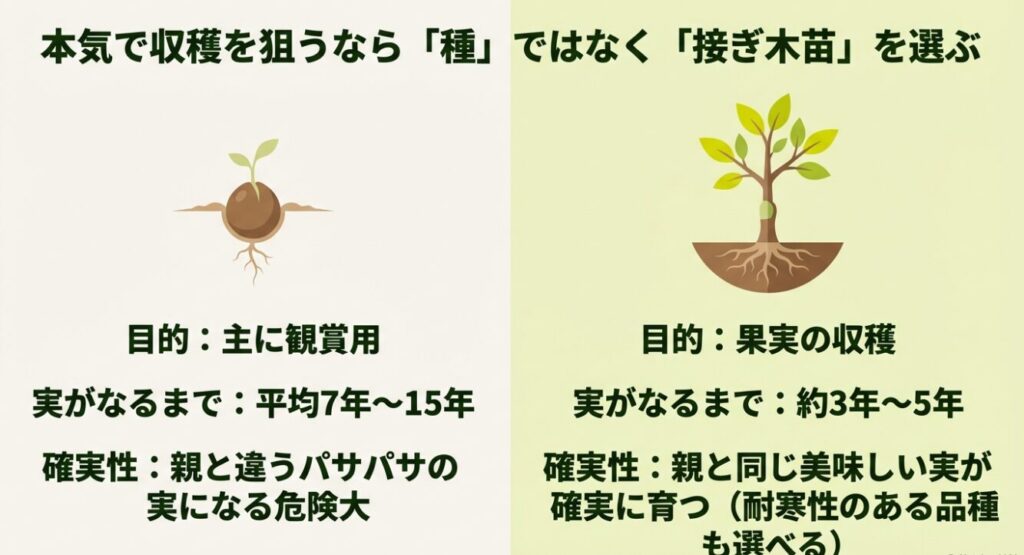 目的が主に観賞用で実がなるまで平均7年〜15年かかる種と、果実の収穫目的で約3年〜5年で実がなる接ぎ木苗の比較