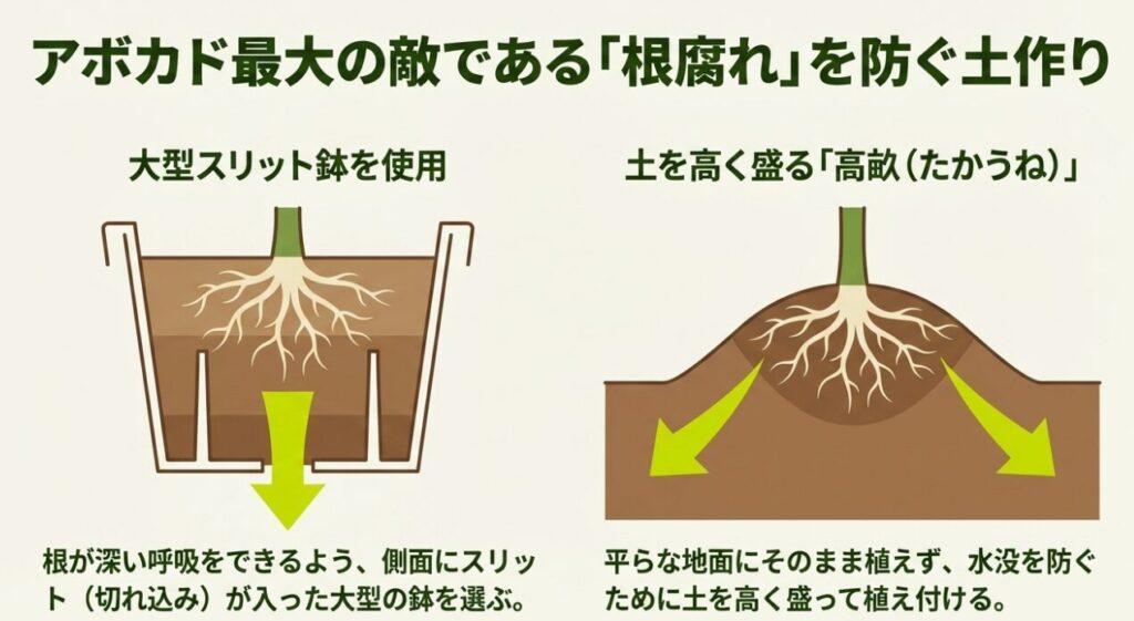 大型スリット鉢を使用し、土を高く盛る「高畝」を作る様子