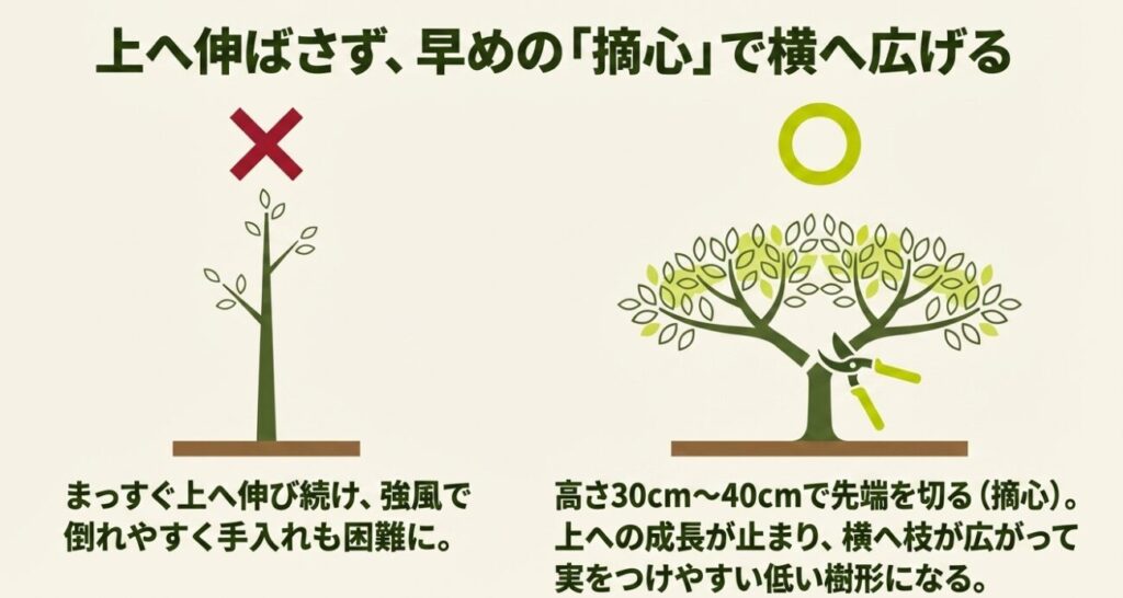 まっすぐ上へ伸ばさず、高さ30cm〜40cmで先端を切る早めの摘心で横へ広げるイラスト