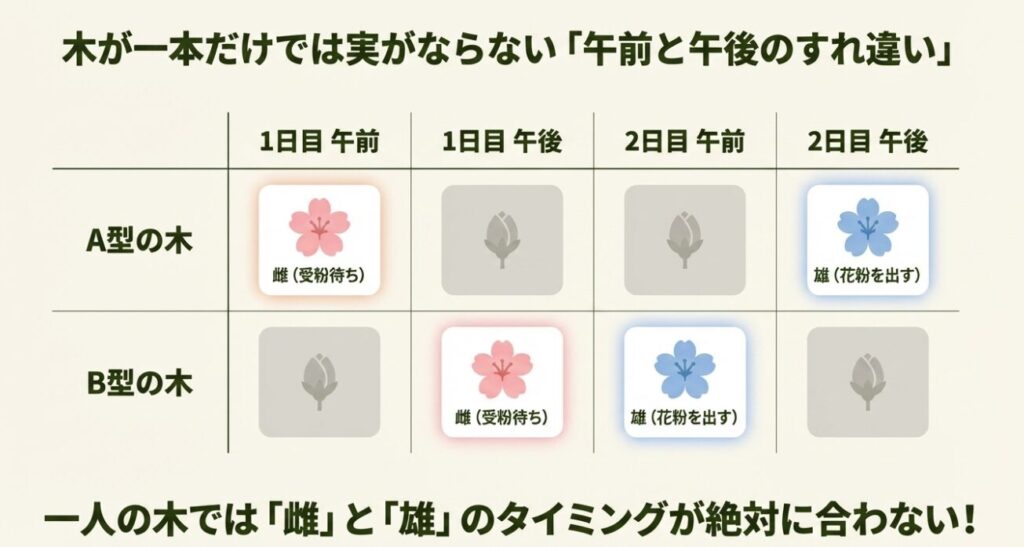 A型とB型の木を隣同士に植える混植と、冷蔵保存した花粉を筆でつける人工授粉の様子
