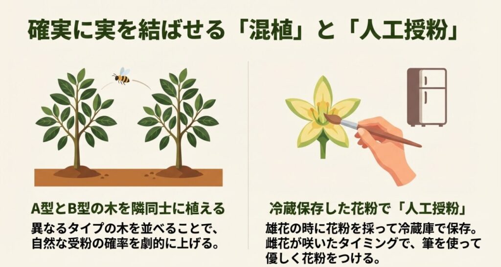 A型の木とB型の木で雌(受粉待ち)と雄(花粉を出す)のタイミングが合わない仕組み