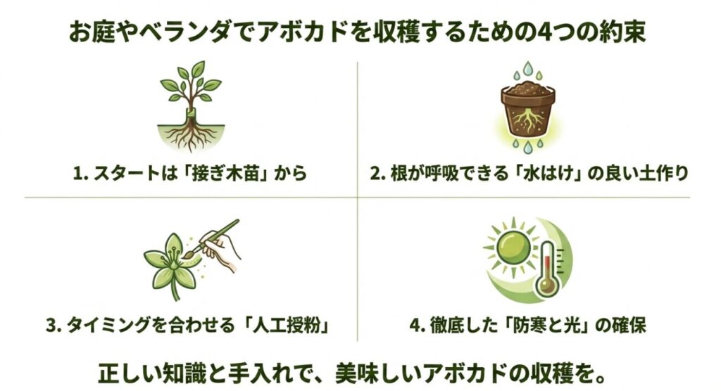 1.スタートは接ぎ木苗から、2.水はけの良い土作り、3.人工授粉、4.防寒と光の確保