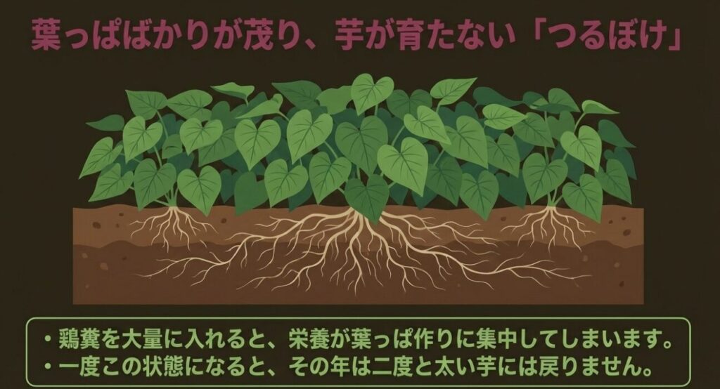 鶏糞を大量に入れると栄養が葉っぱ作りに集中して芋が育たないつるぼけの状態