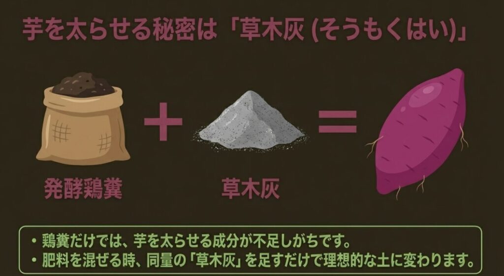 発酵鶏糞に同量の草木灰を足すだけで芋を太らせる理想的な土に変わる秘密