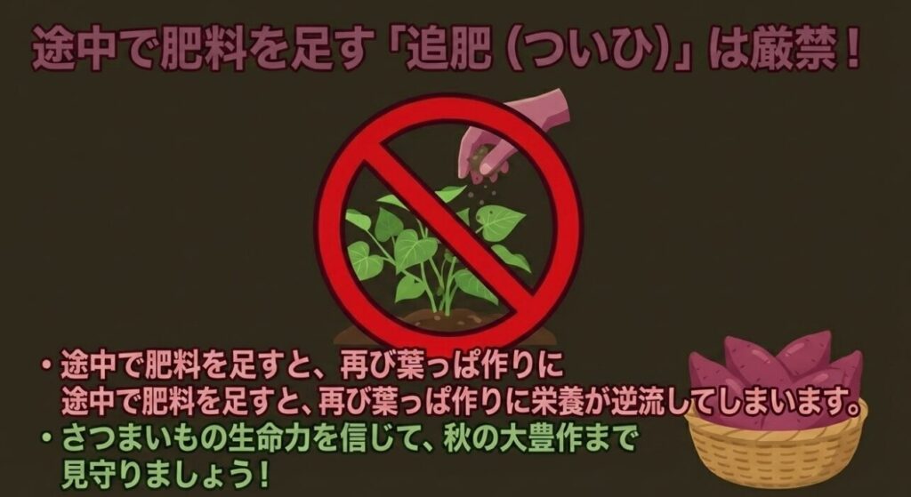 途中で肥料を足すと再び葉っぱ作りに栄養が逆流するため追肥は厳禁